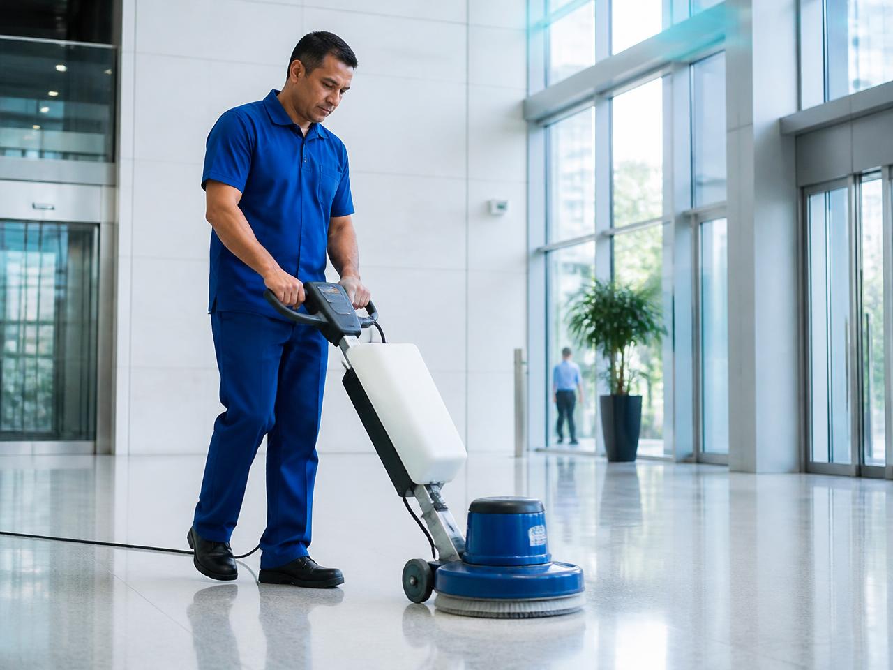 Professional cleaner using modern equipment in an office